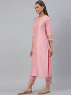 Janasya Pink Poly Silk Solid Set