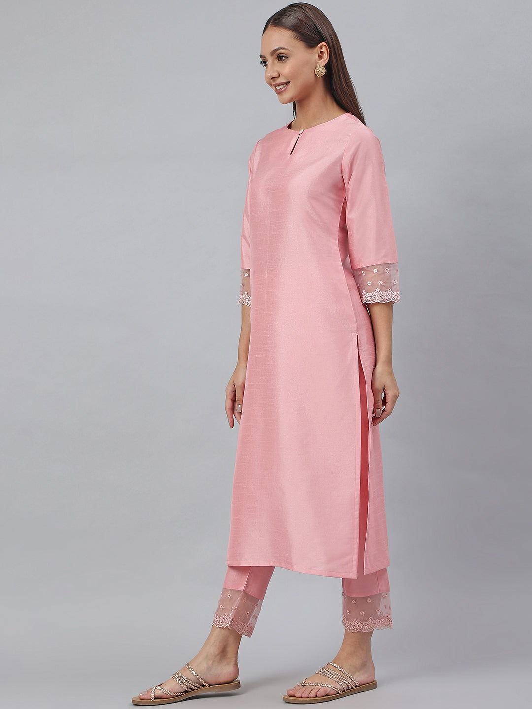 Janasya Pink Poly Silk Solid Set