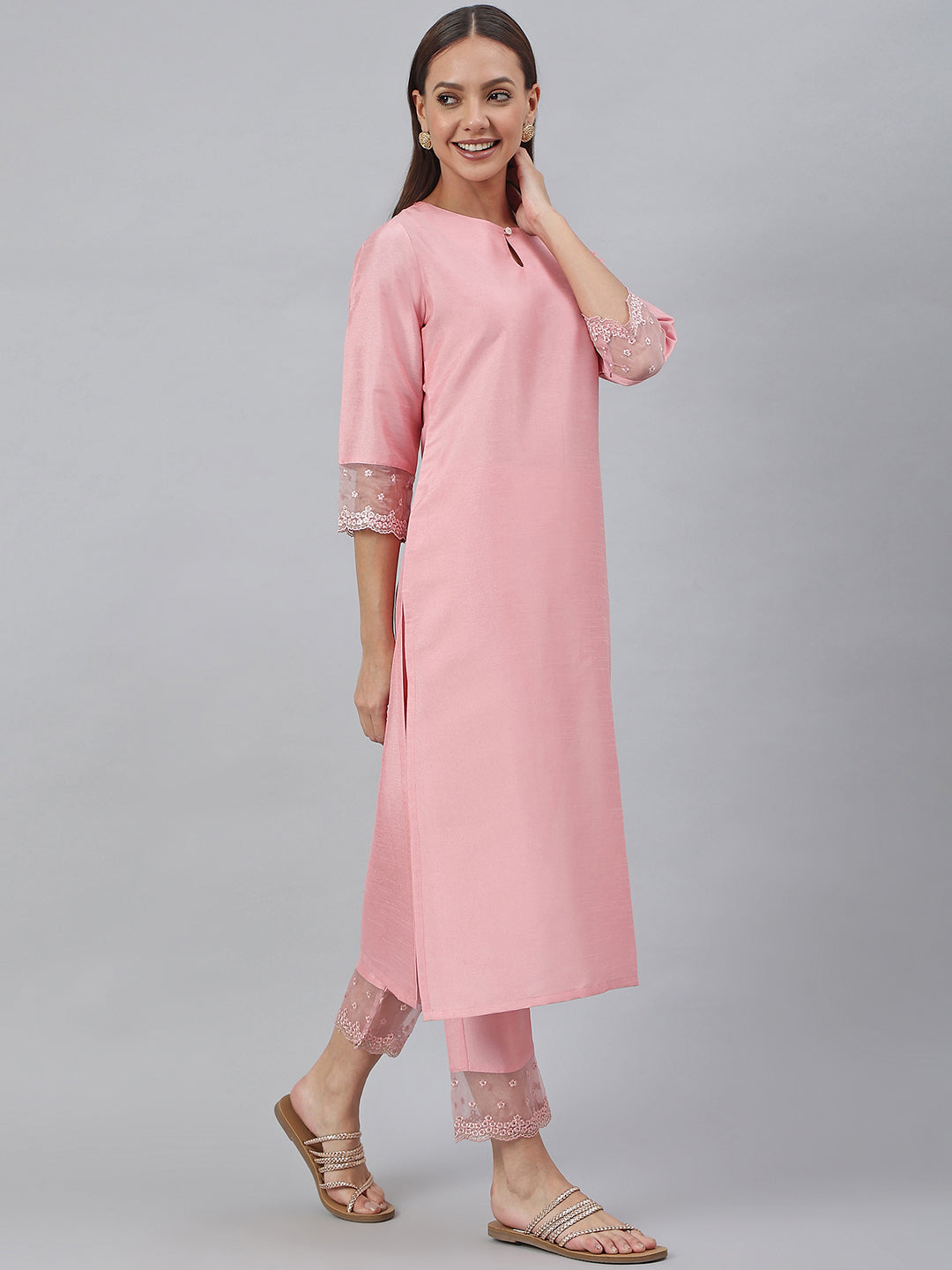 Janasya Pink Poly Silk Solid Set