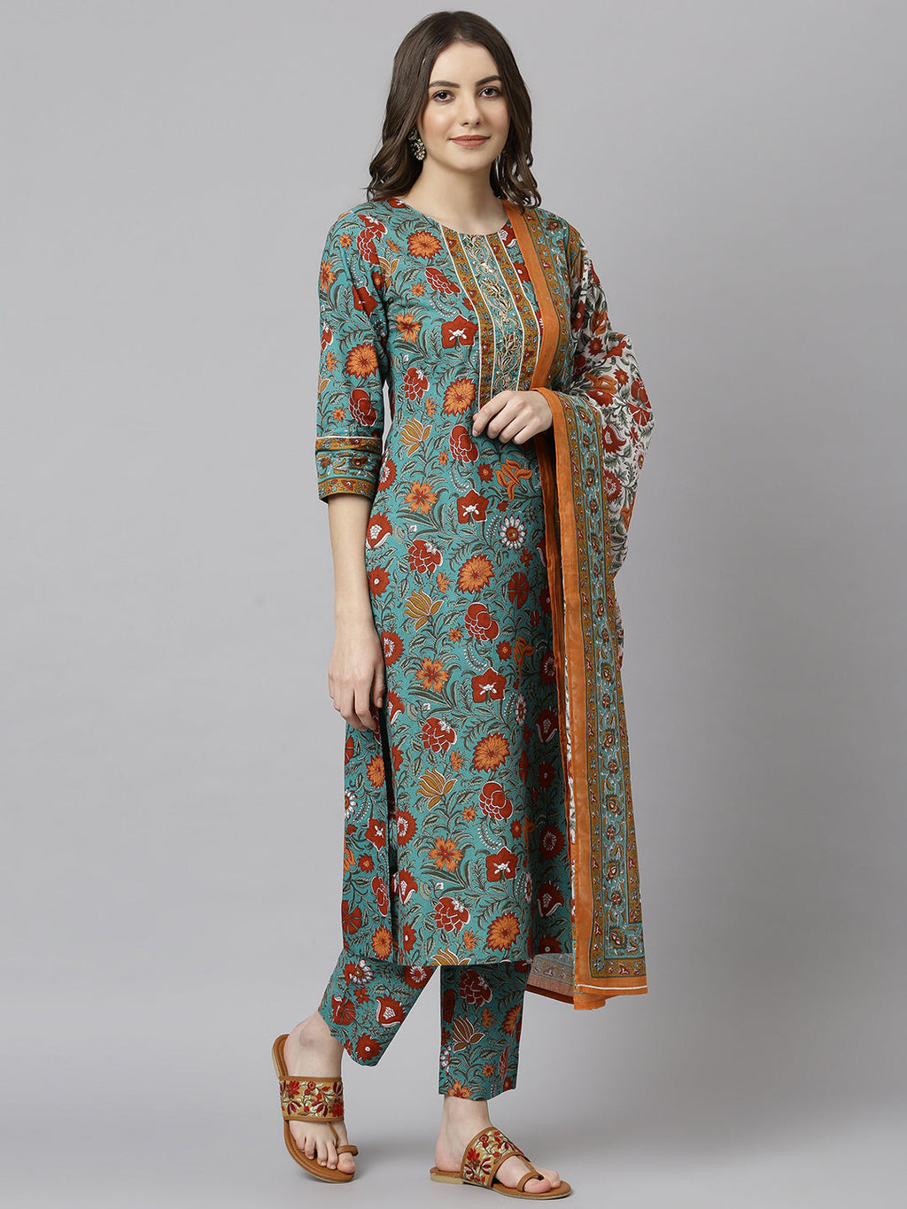 Janasya Women's Green Cotton Embroidered Kurta With Pant And Dupatta - Distacart