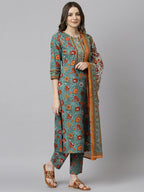 Janasya Women's Green Cotton Embroidered Kurta With Pant And Dupatta - Distacart