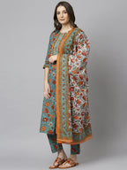 Janasya Women's Green Cotton Embroidered Kurta With Pant And Dupatta - Distacart
