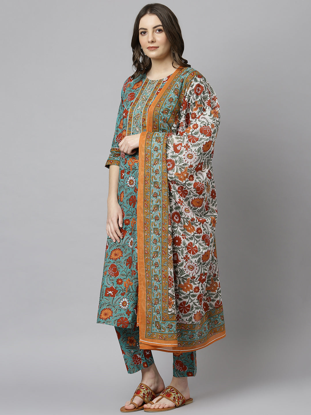 Janasya Women's Green Cotton Embroidered Kurta With Pant And Dupatta - Distacart