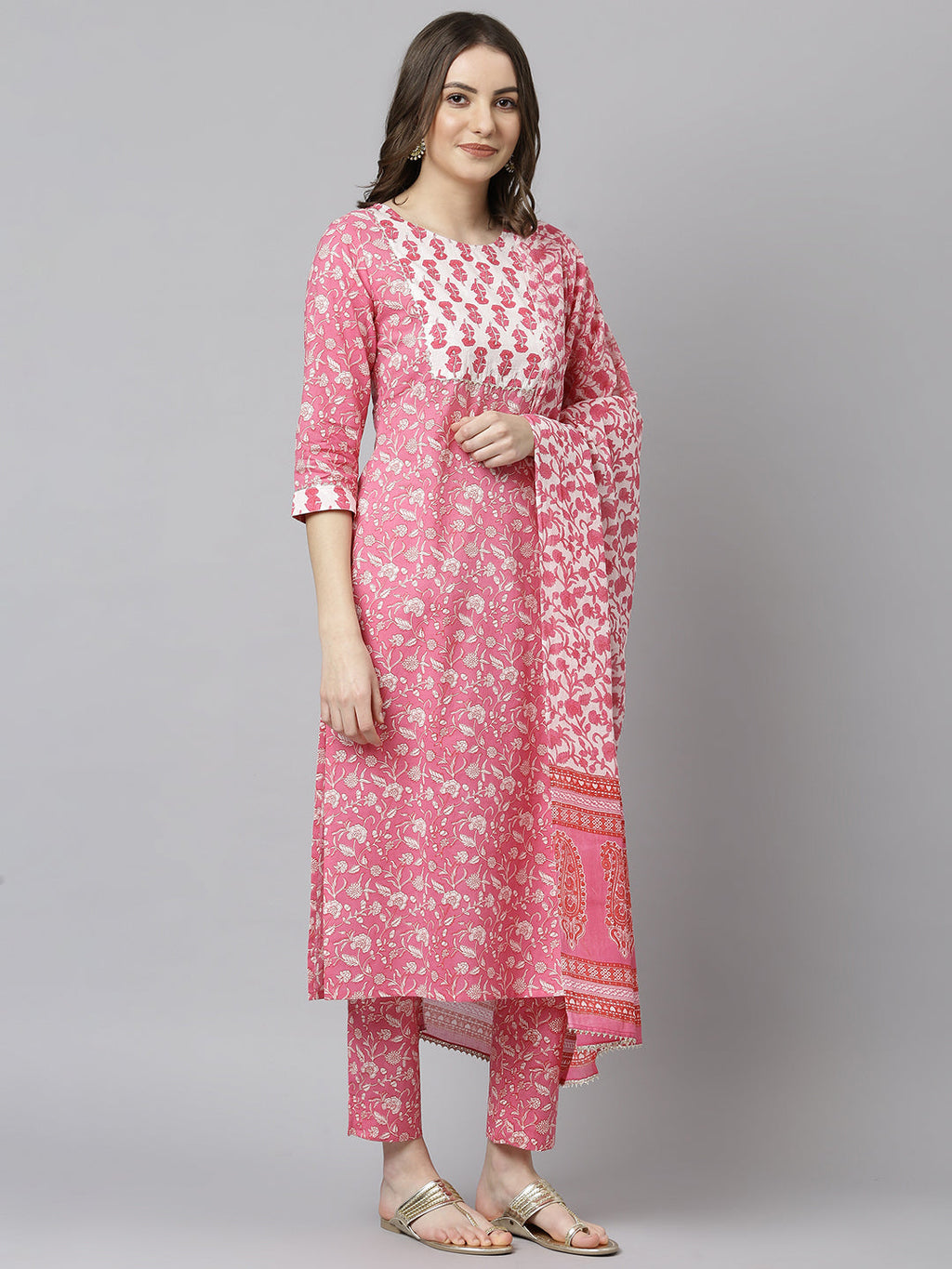 Janasya Women's Pink Cotton Floral Print Kurta With Pant And Dupatta - Distacart