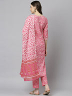 Janasya Women's Pink Cotton Floral Print Kurta With Pant And Dupatta - Distacart