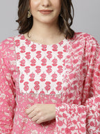 Janasya Women's Pink Cotton Floral Print Kurta With Pant And Dupatta - Distacart