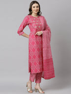 Janasya Women's Pink Cotton Bandhani Kurta With Pant And Dupatta - Distacart