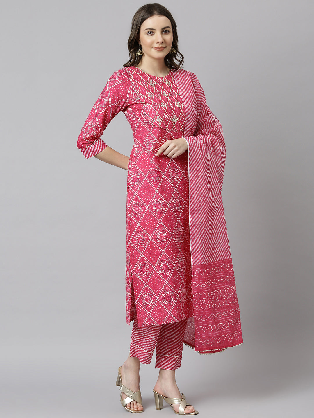 Janasya Women's Pink Cotton Bandhani Kurta With Pant And Dupatta - Distacart