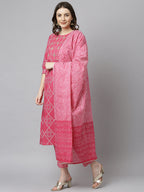 Janasya Women's Pink Cotton Bandhani Kurta With Pant And Dupatta - Distacart