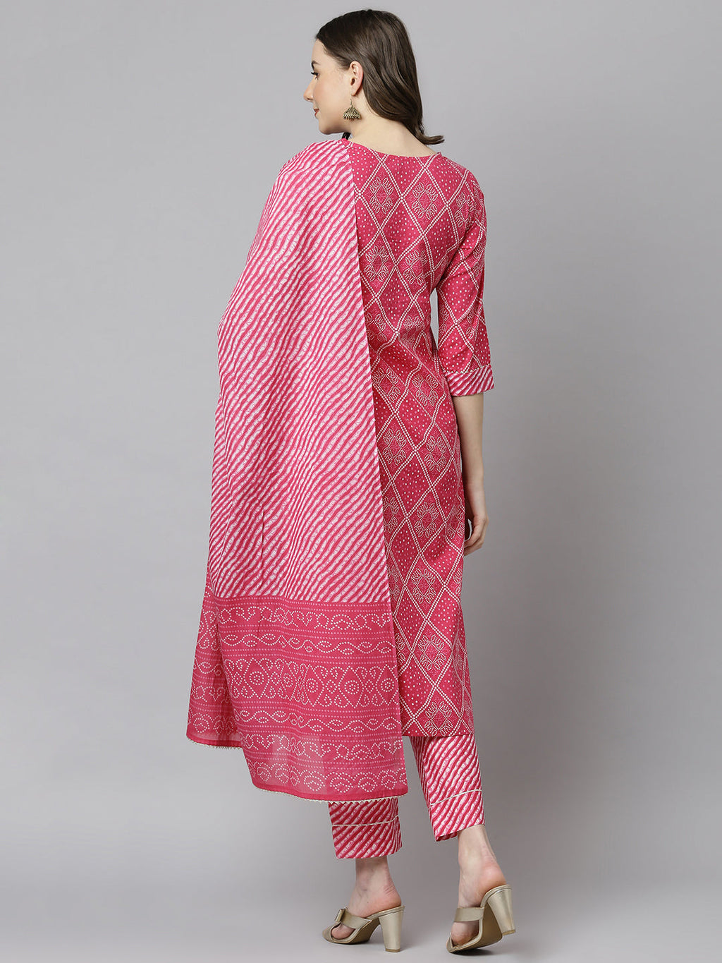 Janasya Women's Pink Cotton Bandhani Kurta With Pant And Dupatta - Distacart