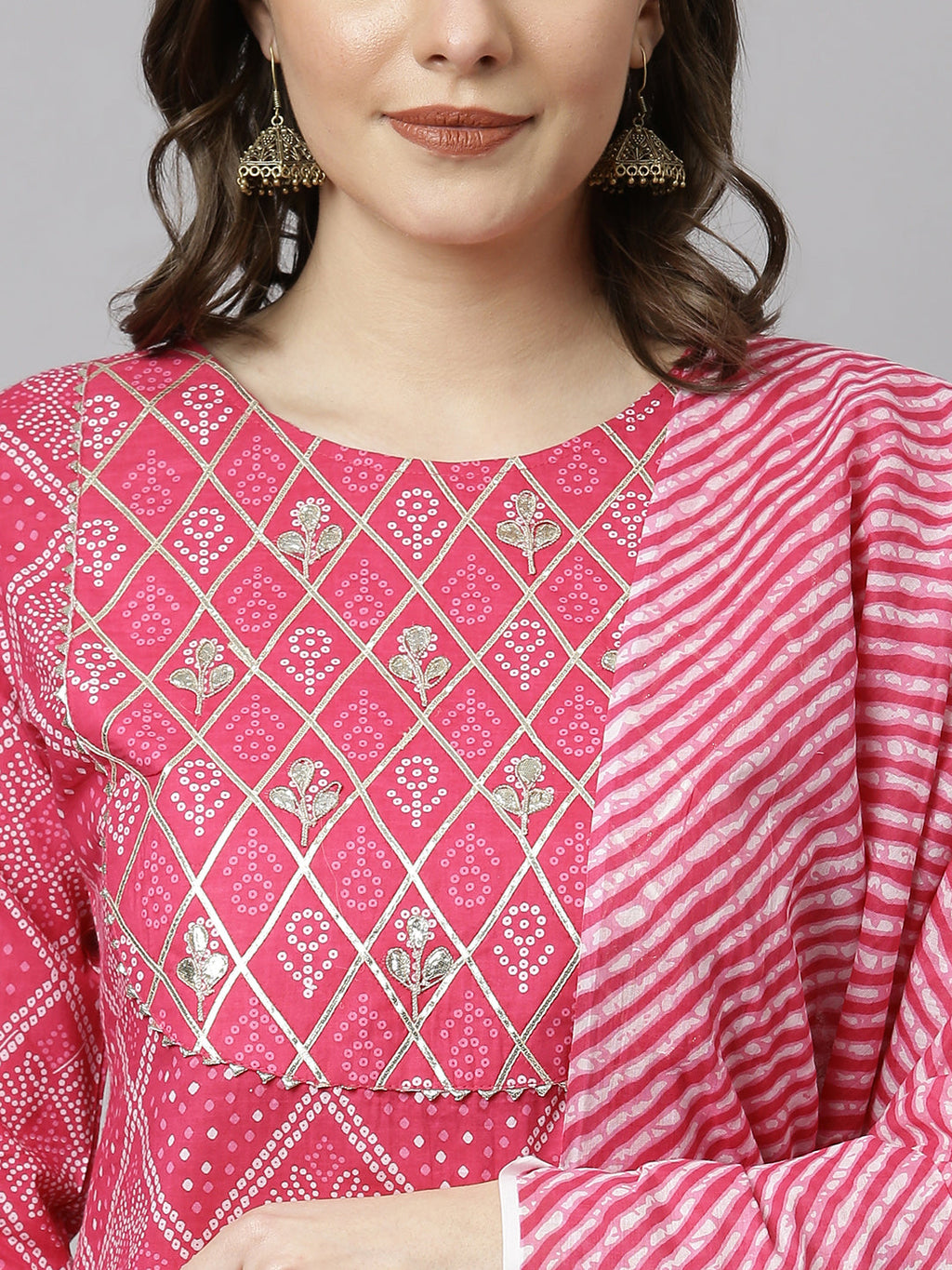 Janasya Women's Pink Cotton Bandhani Kurta With Pant And Dupatta - Distacart