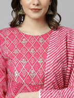 Janasya Women's Pink Cotton Bandhani Kurta With Pant And Dupatta - Distacart