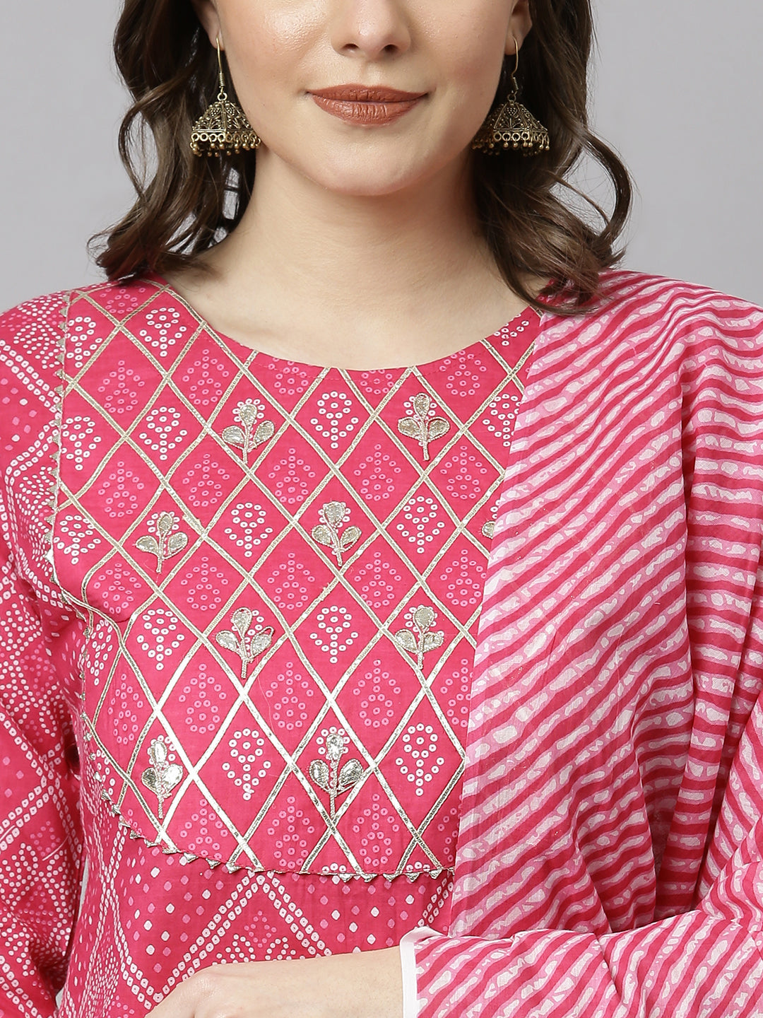 Janasya Women's Pink Cotton Bandhani Kurta With Pant And Dupatta - Distacart