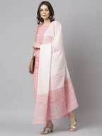 Janasya Women's Light Pink Cotton Gold Print Kurta With Pant And Dupatta - Distacart