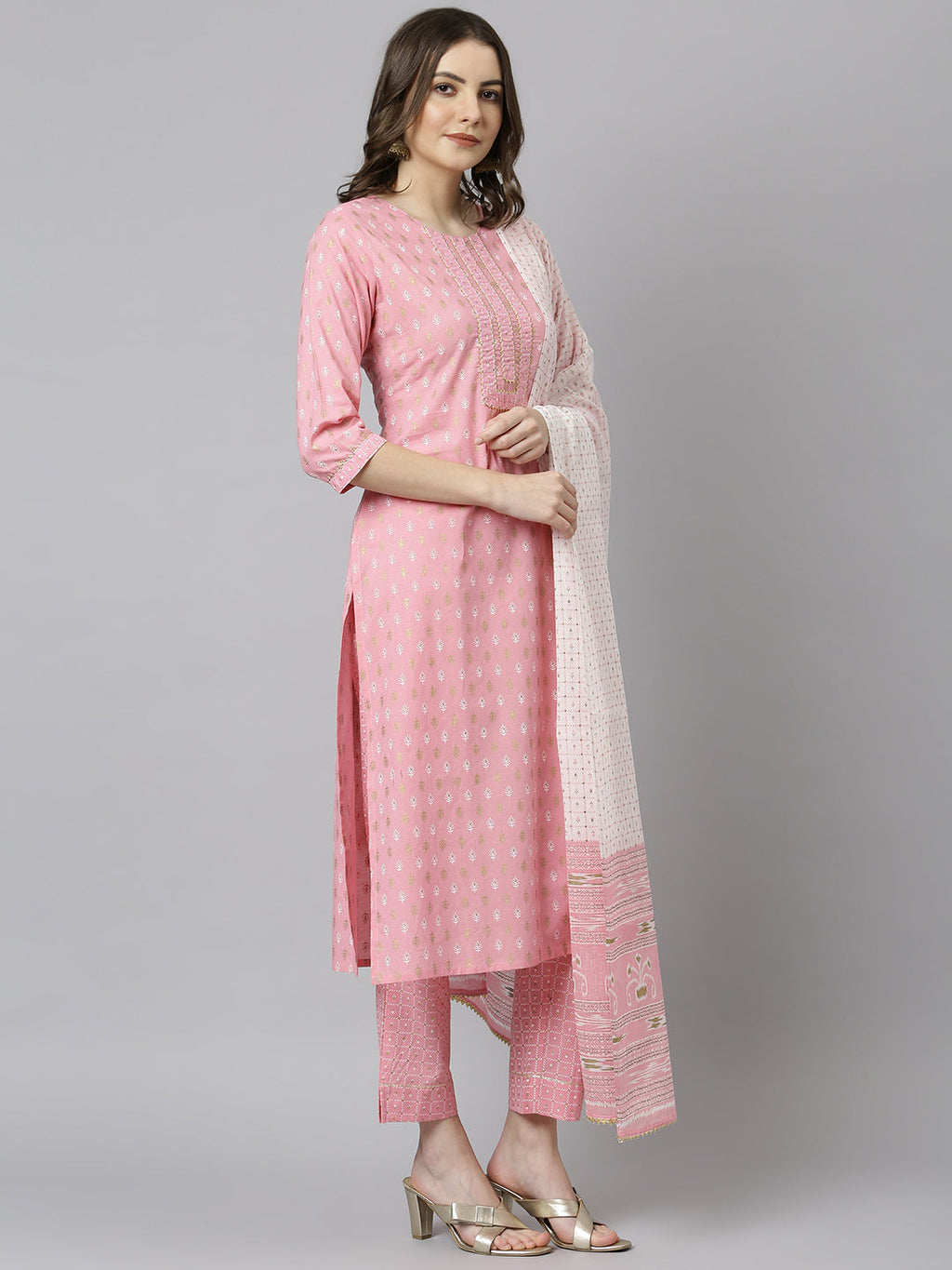 Janasya Women's Light Pink Cotton Gold Print Kurta With Pant And Dupatta - Distacart