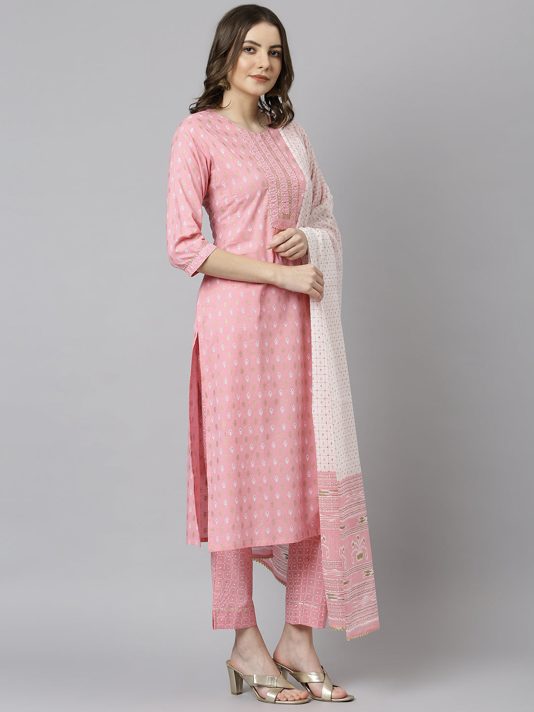 Janasya Women's Light Pink Cotton Gold Print Kurta With Pant And Dupatta - Distacart