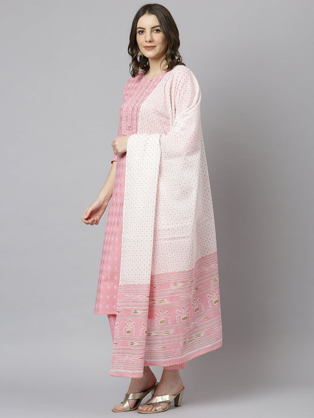 Janasya Women's Light Pink Cotton Gold Print Kurta With Pant And Dupatta - Distacart