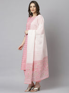 Janasya Women's Light Pink Cotton Gold Print Kurta With Pant And Dupatta - Distacart