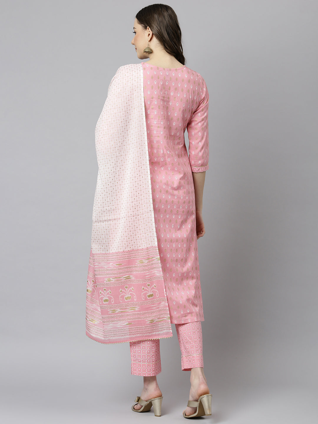 Janasya Women's Light Pink Cotton Gold Print Kurta With Pant And Dupatta - Distacart