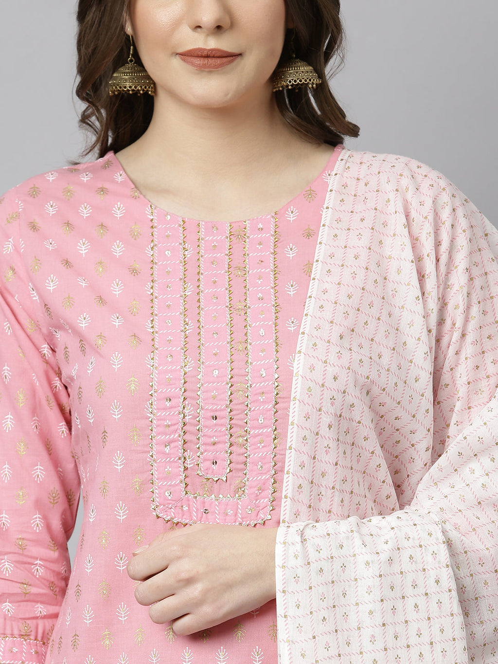 Janasya Women's Light Pink Cotton Gold Print Kurta With Pant And Dupatta - Distacart