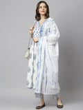 Janasya Women's White Cotton Block Print Kurta With Pant And Dupatta - Distacart