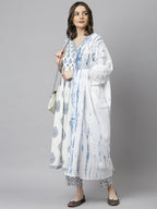 Janasya Women's White Cotton Block Print Kurta With Pant And Dupatta - Distacart