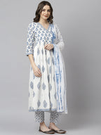 Janasya Women's White Cotton Block Print Kurta With Pant And Dupatta - Distacart