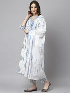 Janasya Women's White Cotton Block Print Kurta With Pant And Dupatta - Distacart