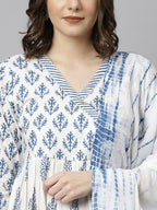 Janasya Women's White Cotton Block Print Kurta With Pant And Dupatta - Distacart
