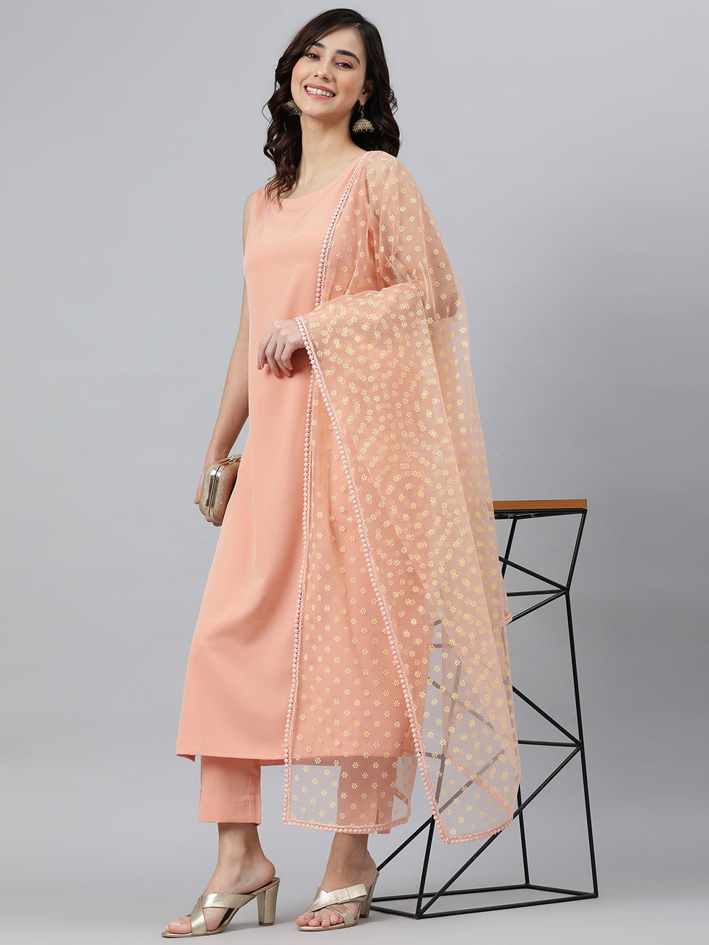 Janasya Peach Poly Crepe Solid Set