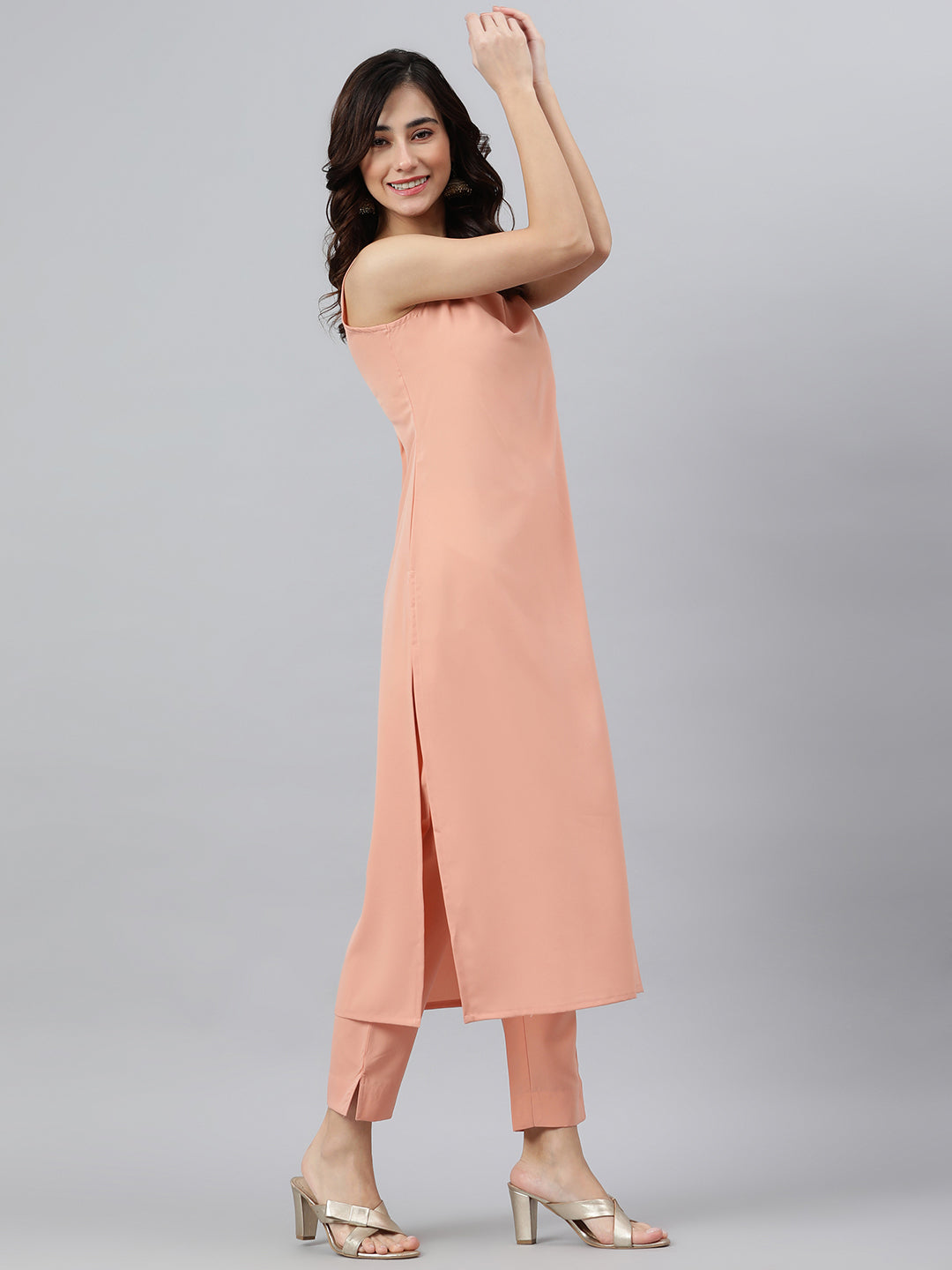 Janasya Peach Poly Crepe Solid Set