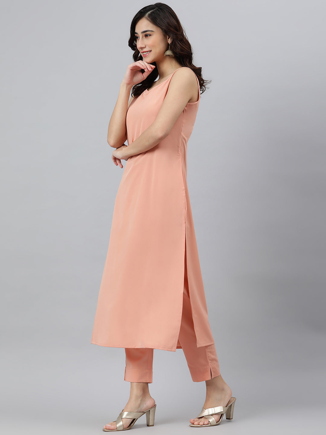 Janasya Peach Poly Crepe Solid Set