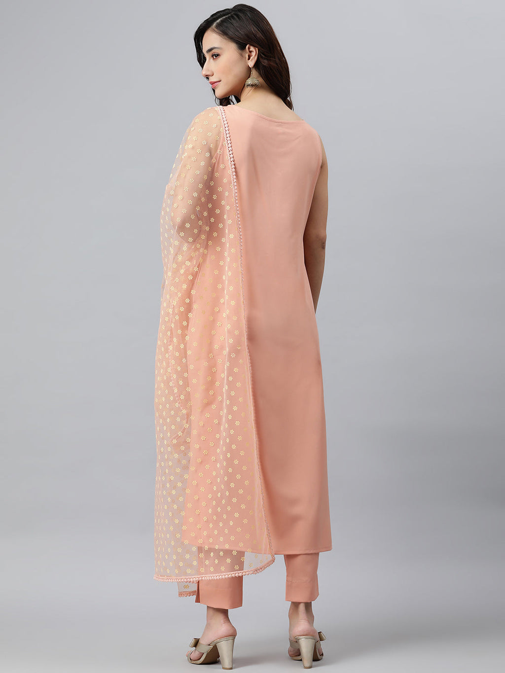 Janasya Peach Poly Crepe Solid Set