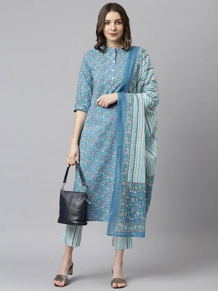 Janasya Women's Blue Cotton Floral Print Kurta With Pant And Dupatta