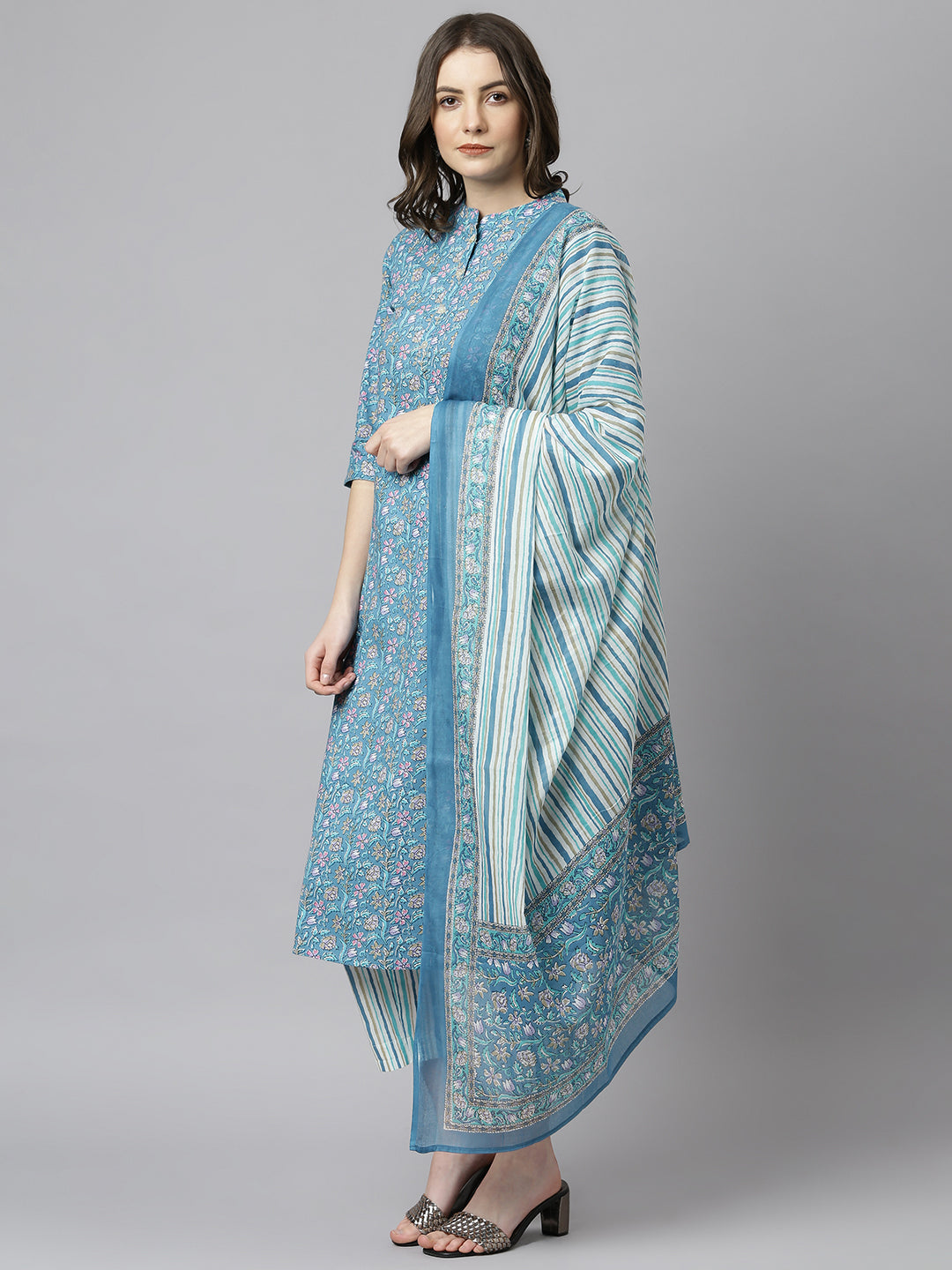 Janasya Women's Blue Cotton Floral Print Kurta With Pant And Dupatta - Distacart
