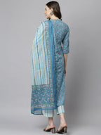 Janasya Women's Blue Cotton Floral Print Kurta With Pant And Dupatta - Distacart