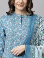 Janasya Women's Blue Cotton Floral Print Kurta With Pant And Dupatta - Distacart