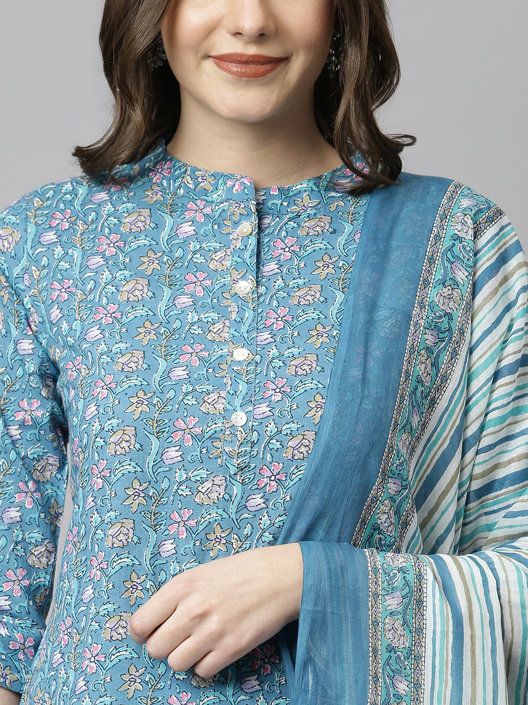Janasya Women's Blue Cotton Floral Print Kurta With Pant And Dupatta - Distacart