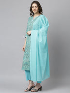 Janasya Women's Sea Green Cotton Floral Print Kurta With Pant And Dupatta - Distacart