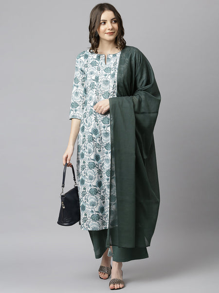 Janasya Women's White Cotton Floral Print Kurta With Palazzo And Dupatta