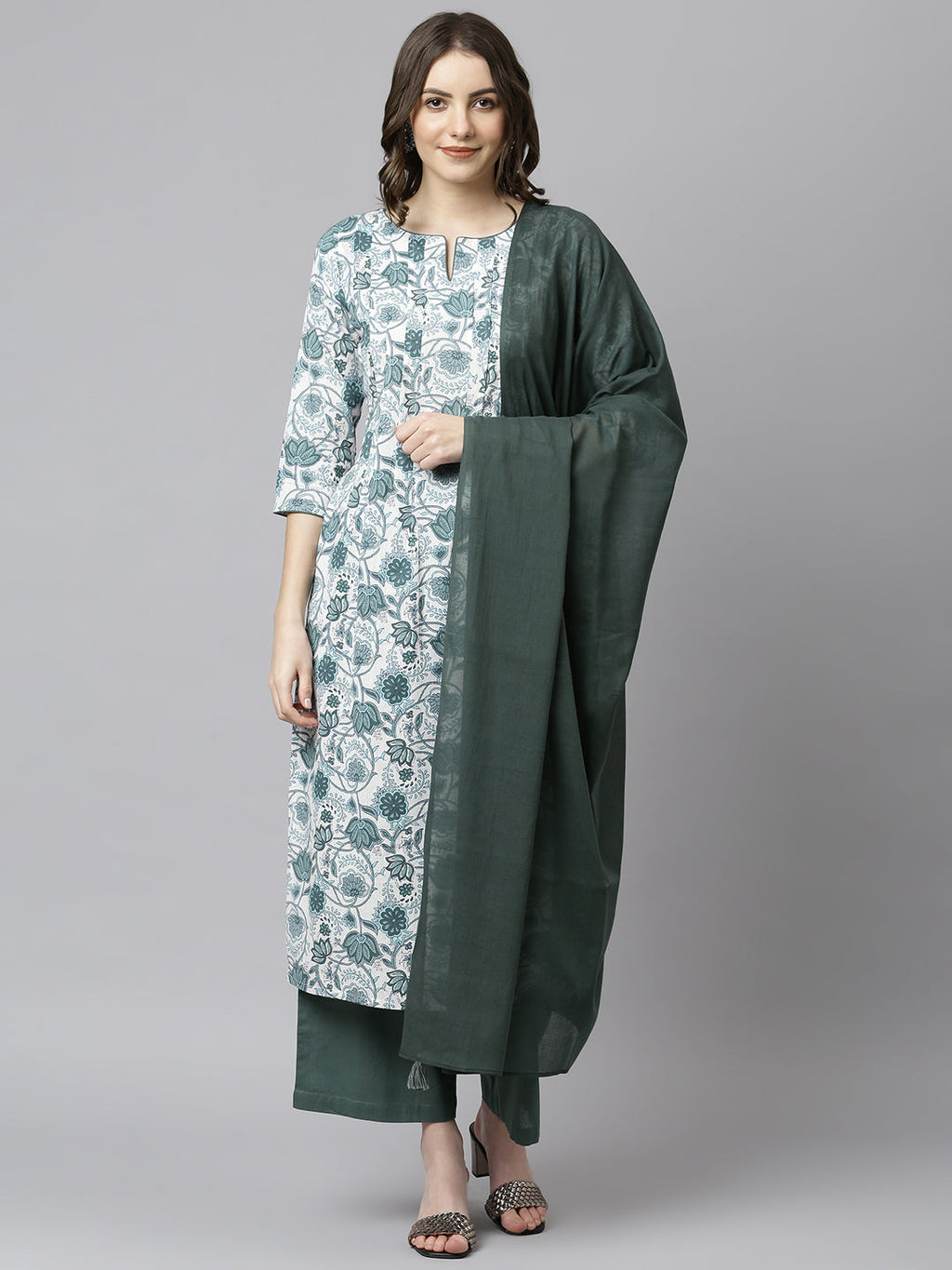 Janasya Women's White Cotton Floral Print Kurta With Palazzo And Dupatta - Distacart