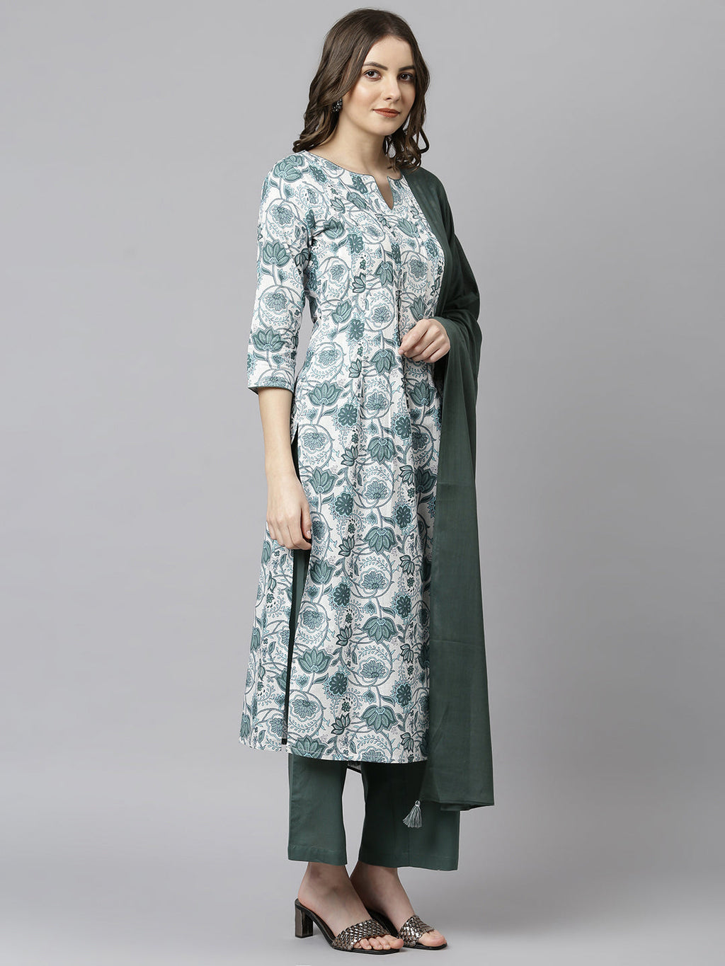 Janasya Women's White Cotton Floral Print Kurta With Palazzo And Dupatta - Distacart