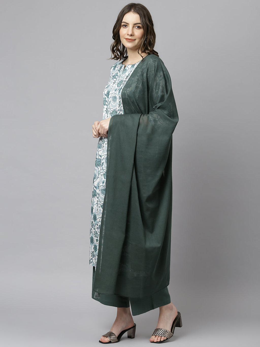 Janasya Women's White Cotton Floral Print Kurta With Palazzo And Dupatta - Distacart