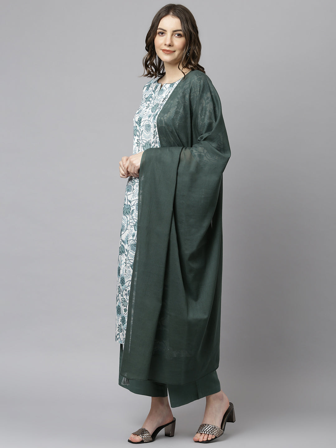 Janasya Women's White Cotton Floral Print Kurta With Palazzo And Dupatta - Distacart