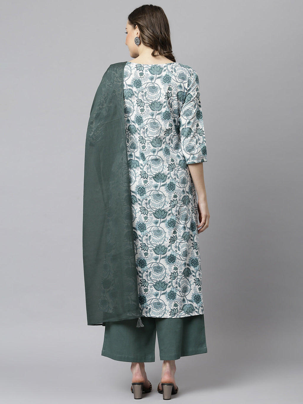 Janasya Women's White Cotton Floral Print Kurta With Palazzo And Dupatta - Distacart