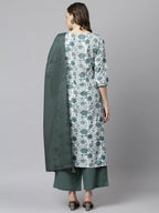 Janasya Women's White Cotton Floral Print Kurta With Palazzo And Dupatta - Distacart