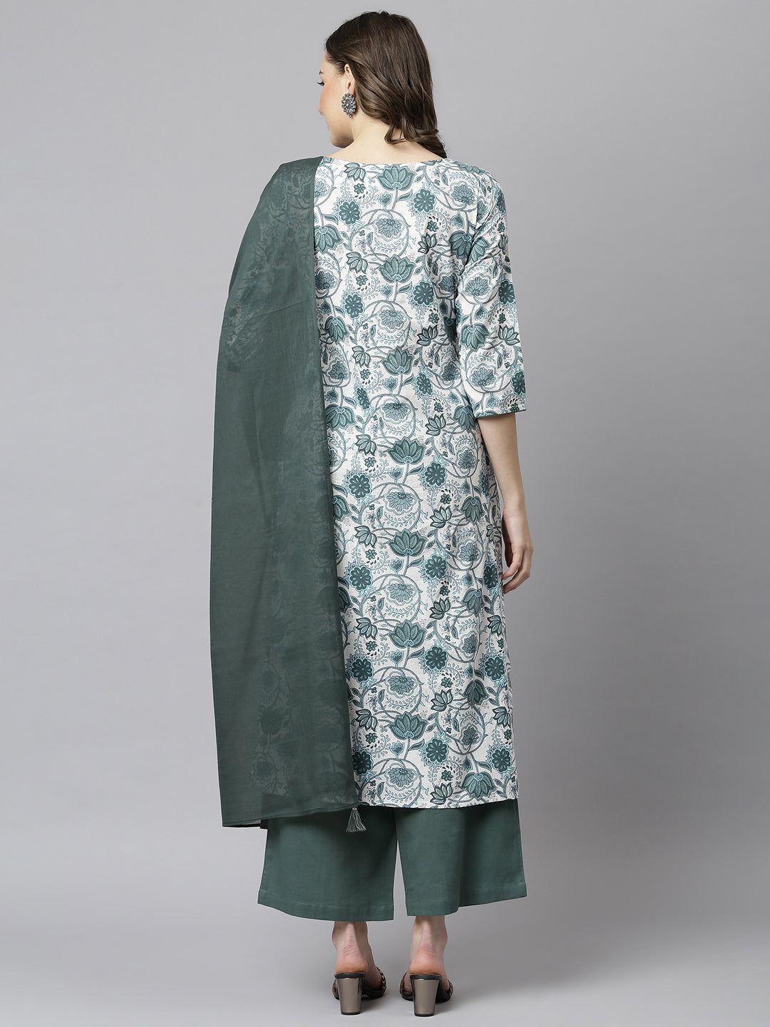 Janasya Women's White Cotton Floral Print Kurta With Palazzo And Dupatta - Distacart