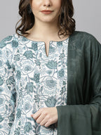 Janasya Women's White Cotton Floral Print Kurta With Palazzo And Dupatta - Distacart