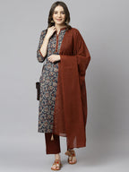 Janasya Women's Teal Blue Cotton Floral Print Kurta With Pant And Dupatta