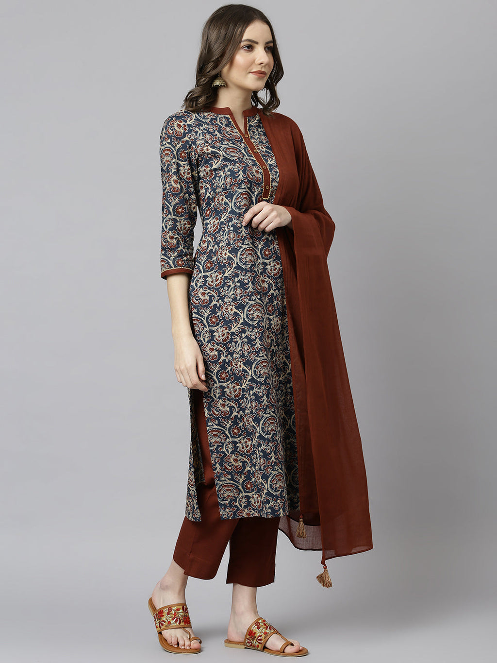 Janasya Women's Teal Blue Cotton Floral Print Kurta With Pant And Dupatta